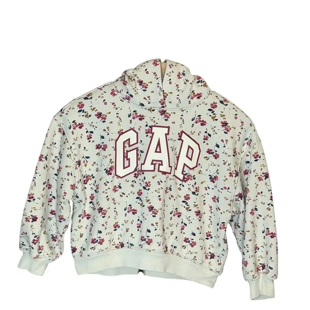 Gap Girls sz 6-7 Floral fleece pullover hoodie in cream color